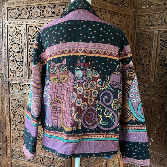 Original Vintage Laurel Burch Silverado Boho Cat Tapestry Blanket Knit Jacket - Picture 10 of 12